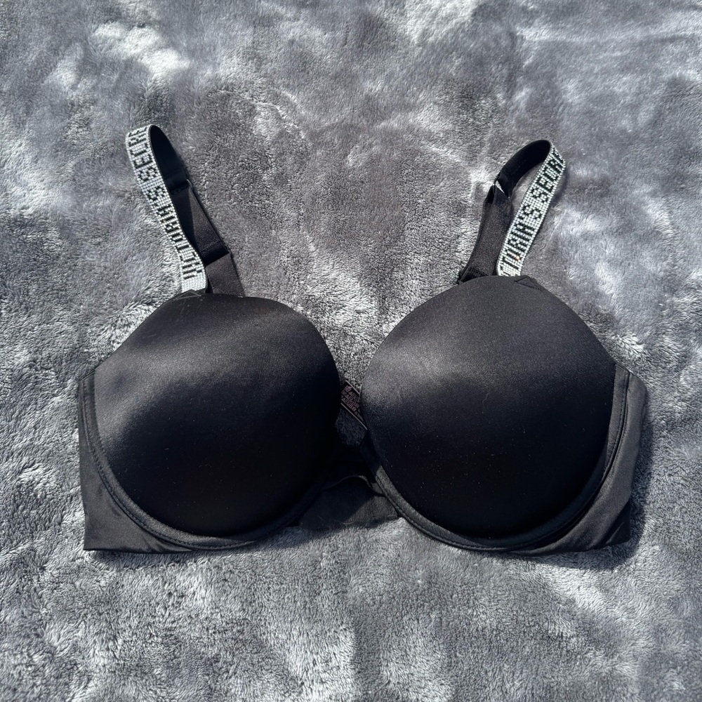 Victoria's Secret Black Push-Up Bra with Logo Rhinestone Straps
